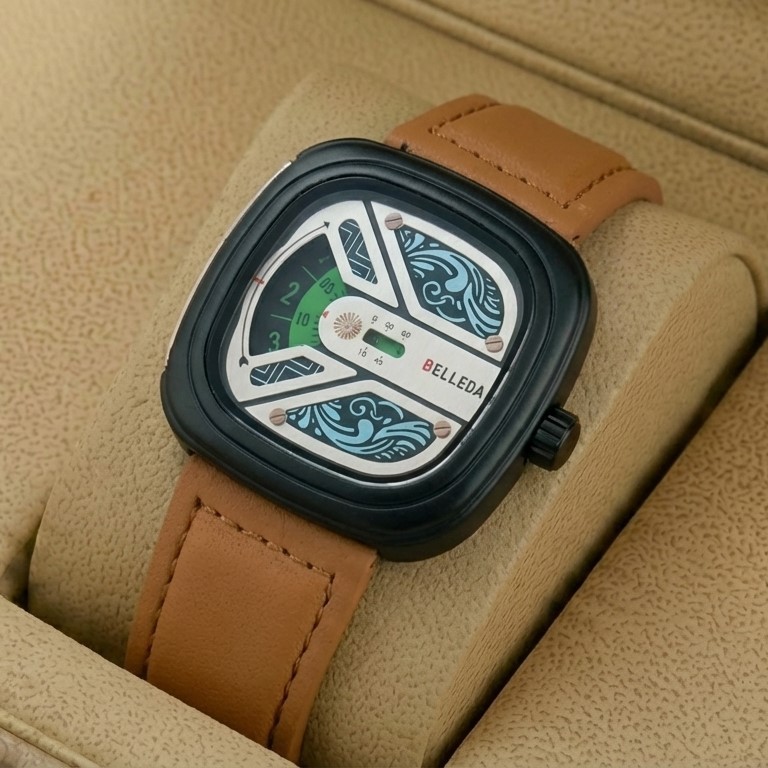 Belleda 8714 Leather Strap Watch Gold And Black Dial With Brown Strap Stylish Watch