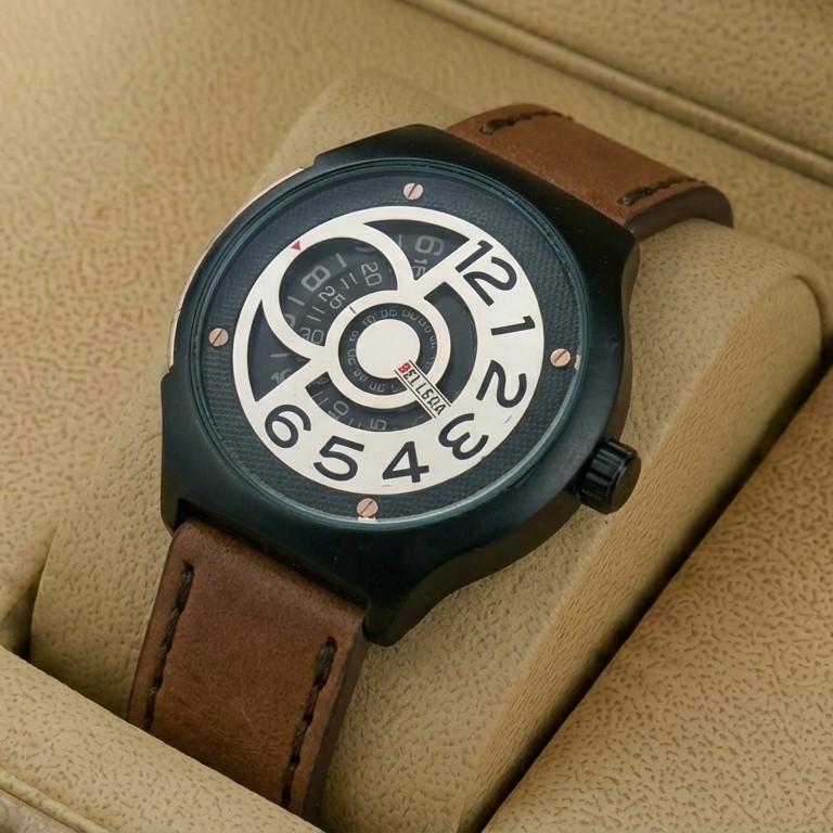 Belleda 8715 Leather Strap Watch Gold And Black Dial