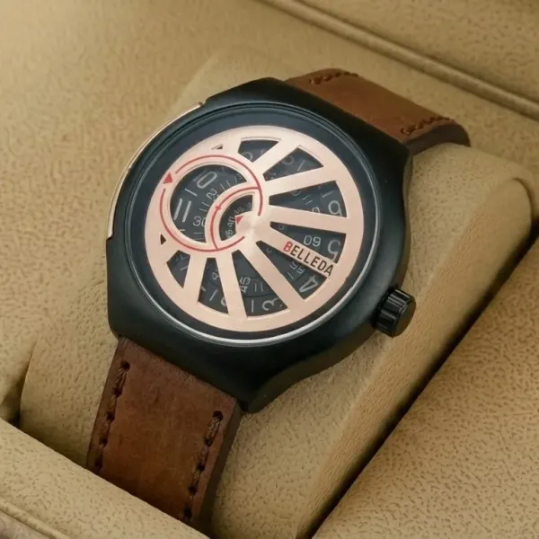 Belleda 8715 Leather Strap Watch Gold And Black Dial With Brown Strap Stylish Watch