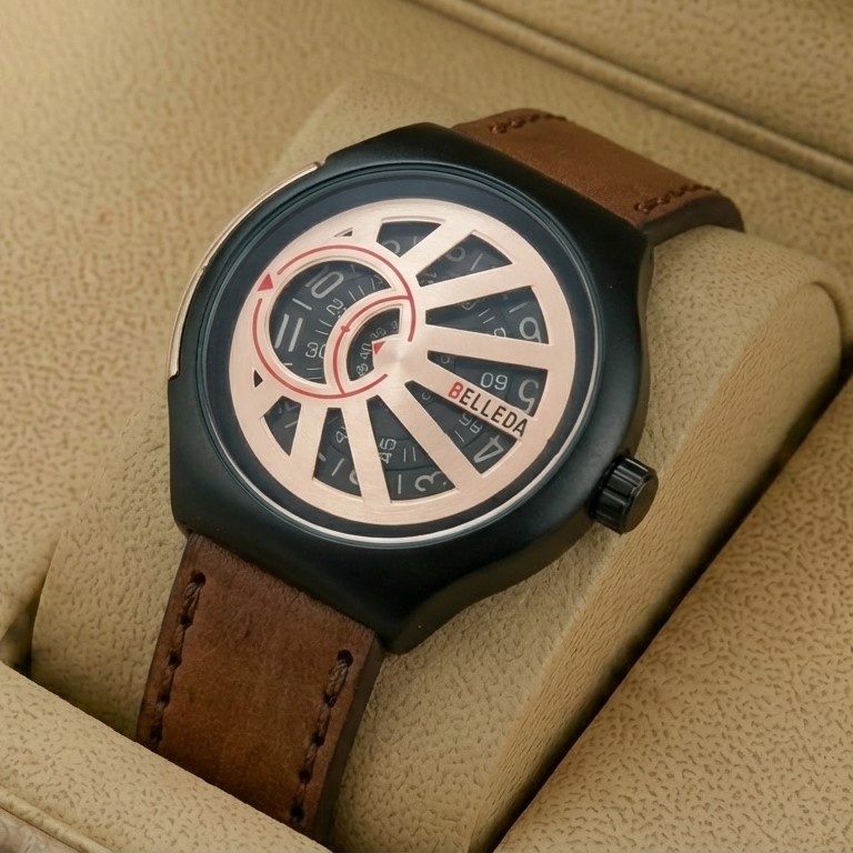 Belleda 8715 Leather Strap Watch Gold And Black Dial With Brown Strap Stylish Watch