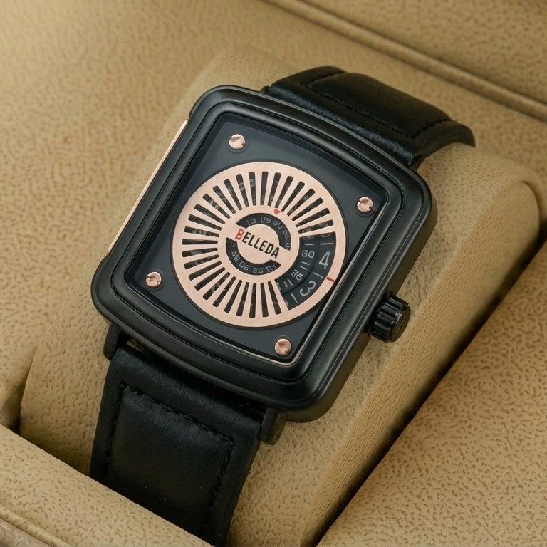 Belleda B9108 Original Watch Leather Strap Dial Black & Gold Color