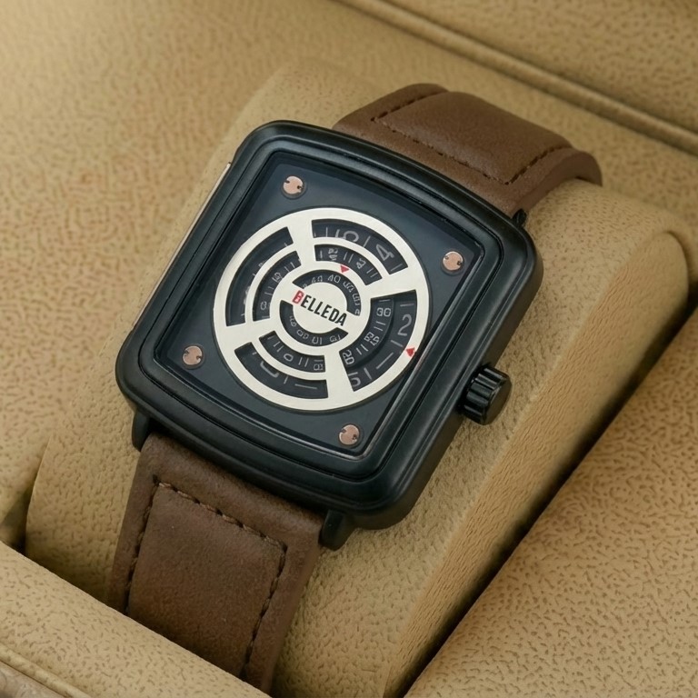 Belleda B9290 Original Watch Leather Strap Dial Black & Brown Color