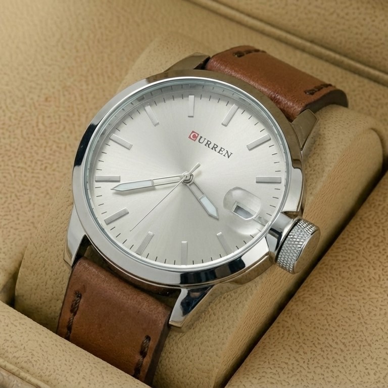 Curren M8208 Men's Watch Brown Leather Strap grey diagonal