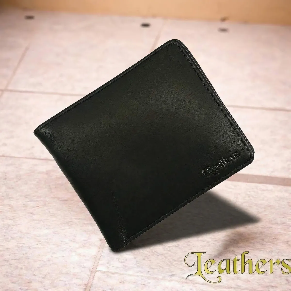 Dollar Size Black Plain Trifold Men's Leather Wallet