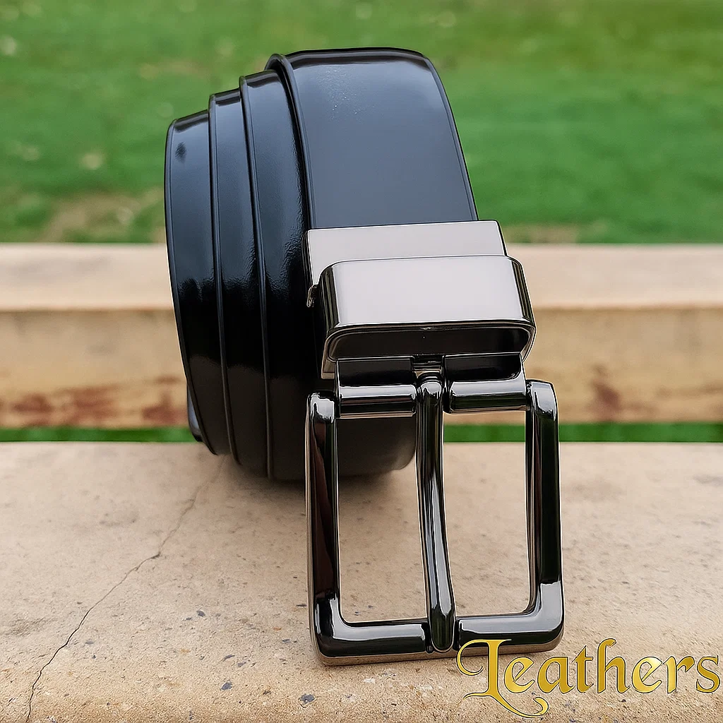 Double Sided Shining Black Dress Leather Belt For Men