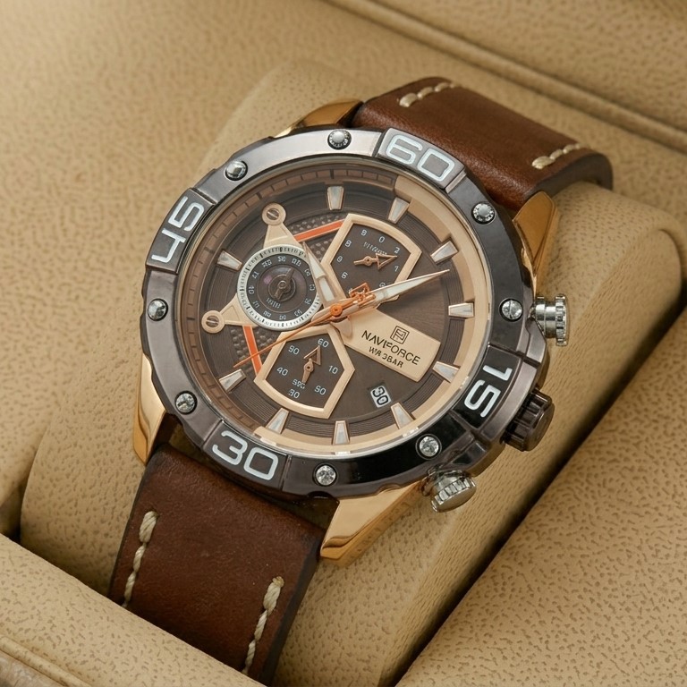 Naviforce NF8018 Leather Strap Brown Color Watch