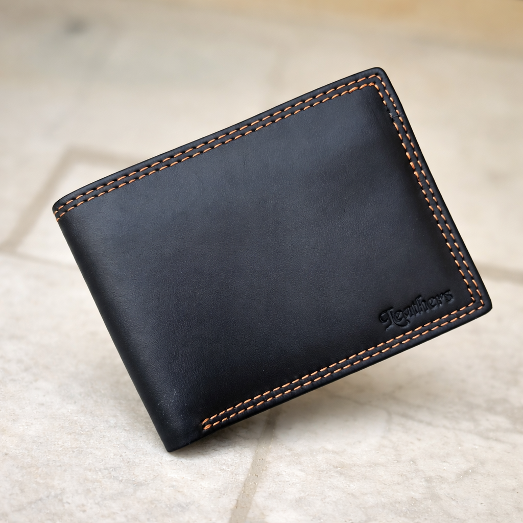 Pocket Size Black Texture Bifold Leather Wallet For Men