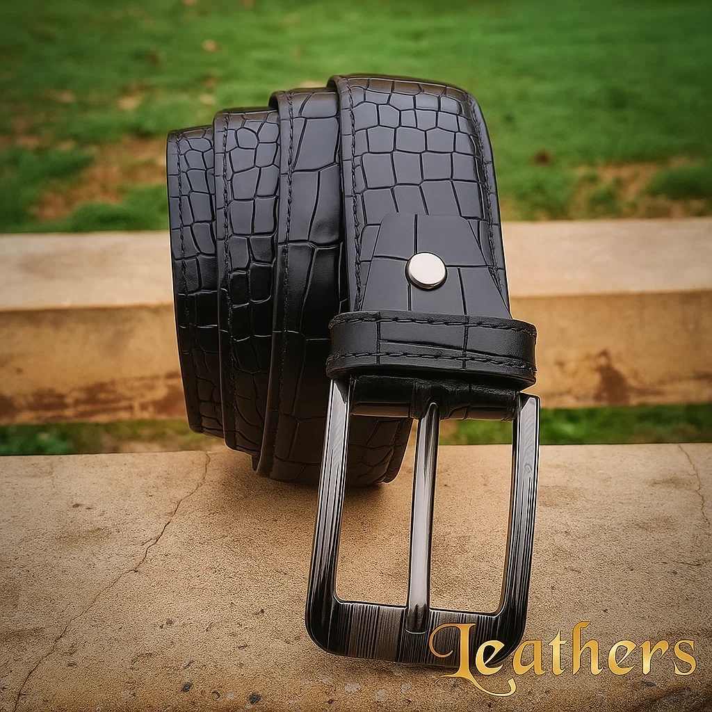 Crocodile Style Men's Black Casual Leather Belt