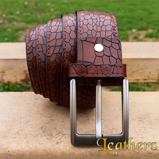 Crocodile Style Men's Brown Casual Leather Belt