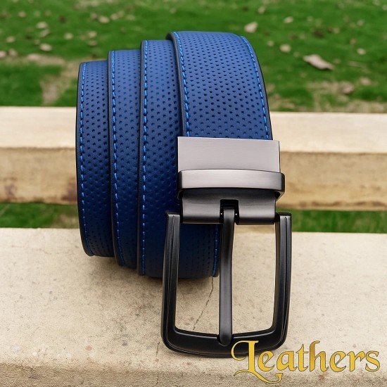 Double Sided Blue Dotted Dress Leather Belt for Men