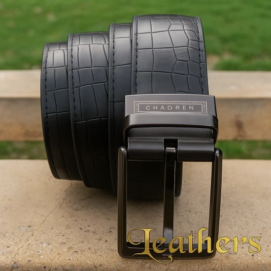 Double Sided Crocodile Style Black Men's Leather Belt