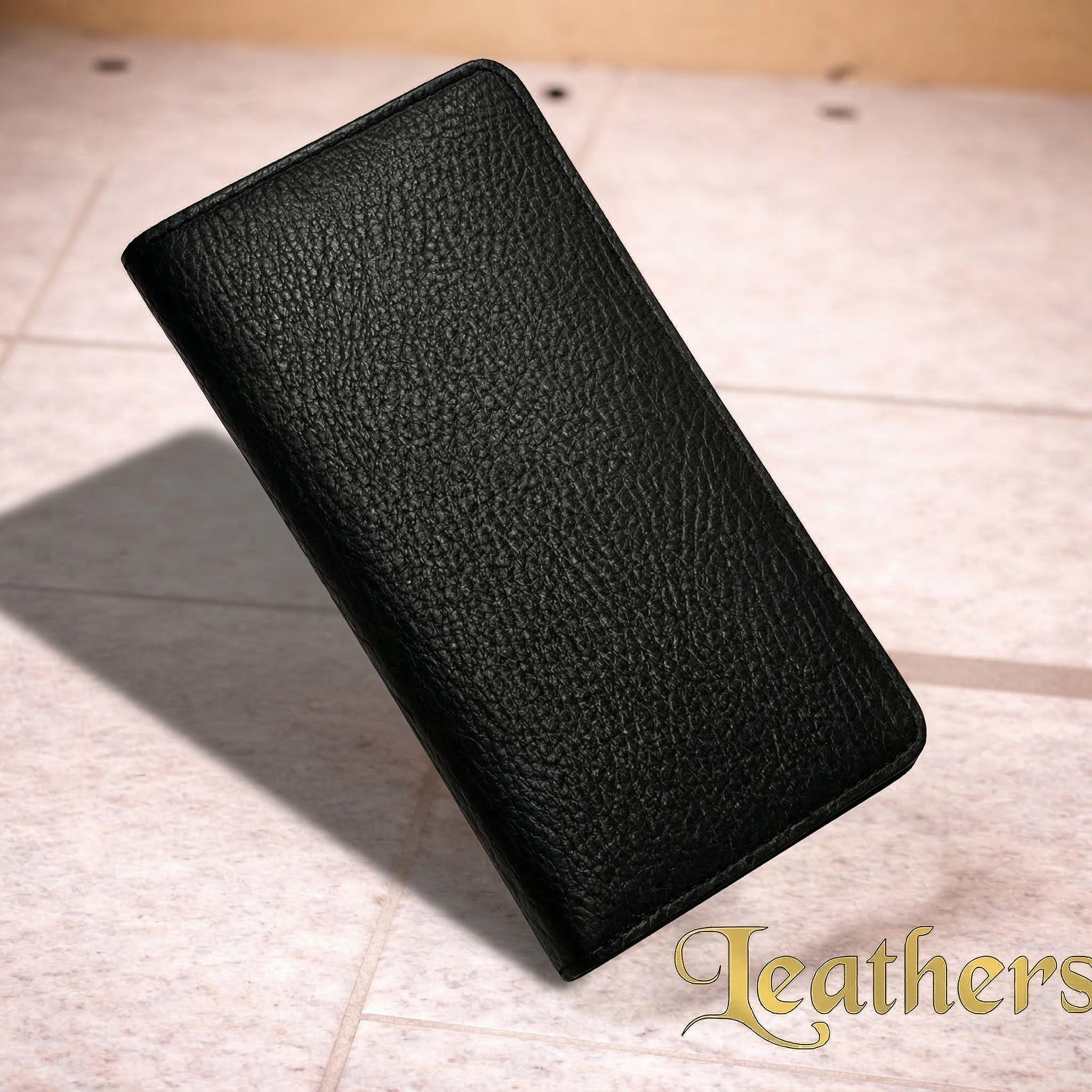 Half Long Black Texture Bifold Leather Wallet For Men