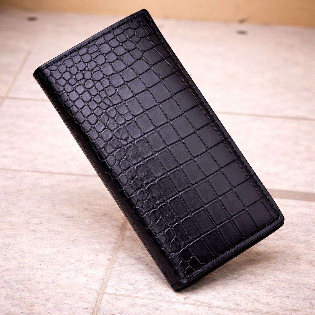 Half Long Crocodile Bifold Leather Wallet For Men