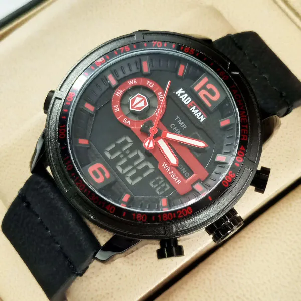 Kademan K6165 Watch Leather Strap Analog & Digital Stylish Watch