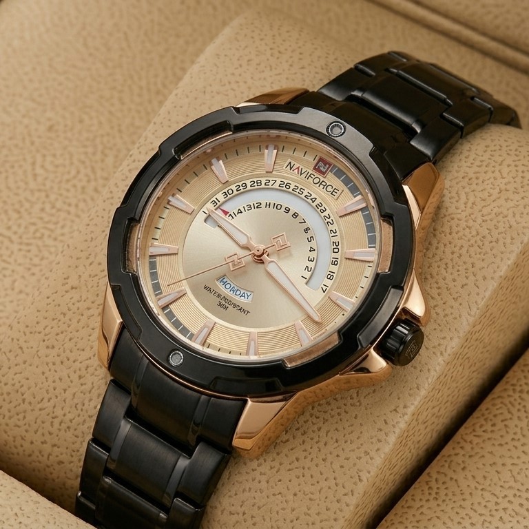 Naviforce NF-9121 Chain Strap Gold & Black Color Watch For Man