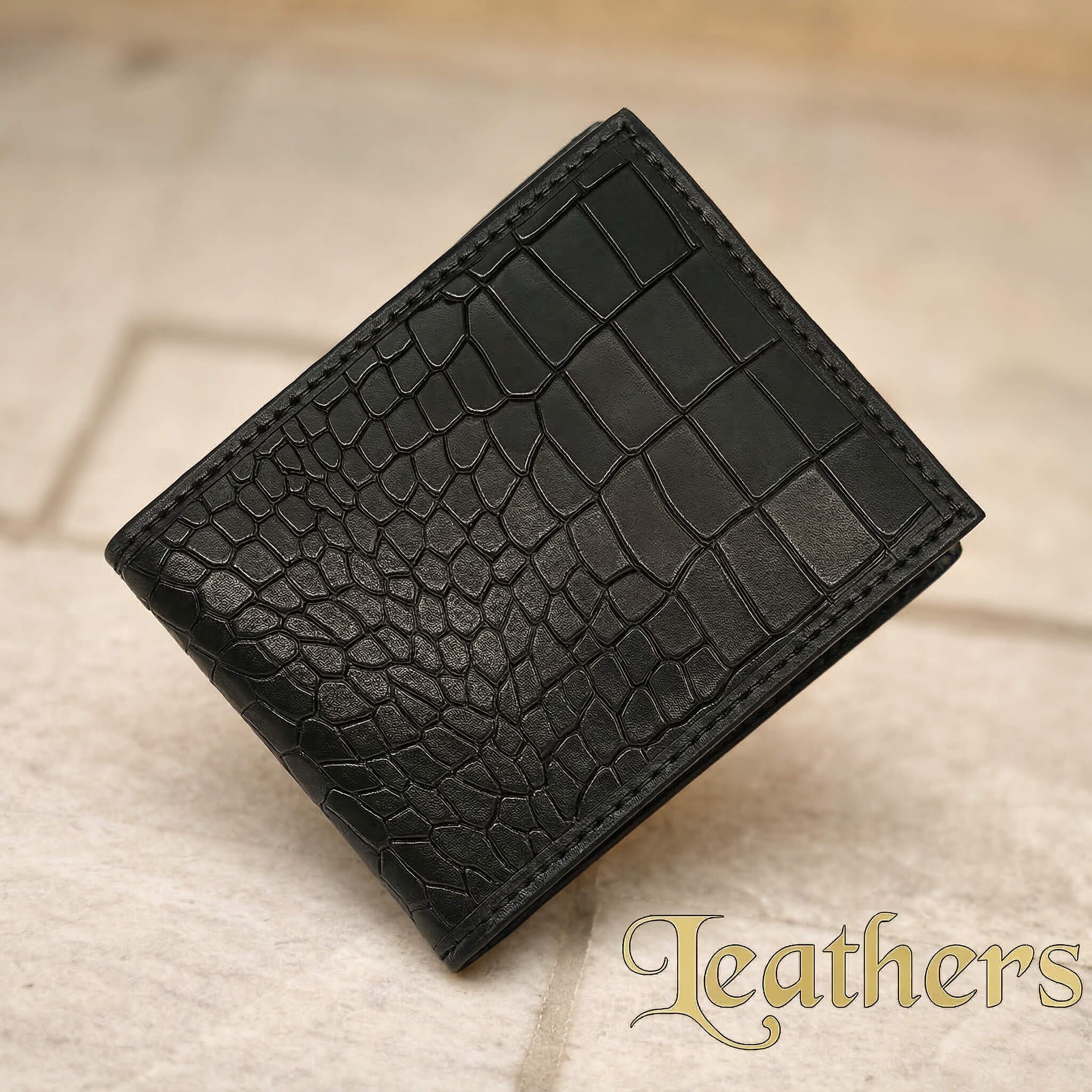 Pocket Size Black Crocodile Bifold Leather Wallet For Men
