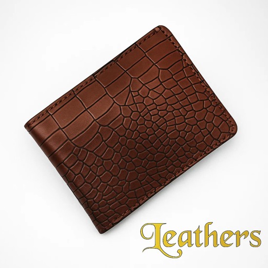 Pocket Size Brown Crocodile Bifold Leather Wallet for Men