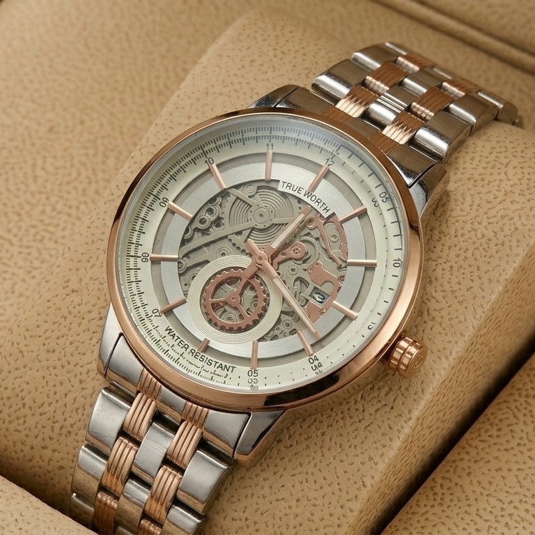 True Worth 2341 Rose Gold & White Chain Strap Watch